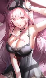 Rule 34 | 1girl, absurdres, armpits, bare arms, bare shoulders, black choker, breasts, choker, cleavage, collarbone, commentary, earrings, hand on own head, highres, hololive, hololive english, jewelry, large breasts, long hair, looking at viewer, misyune, mori calliope, mori calliope (sleepwear), open mouth, pink hair, red eyes, red ribbon, ribbon, skull collar, skull earrings, sleep mask, solo, teeth, virtual youtuber