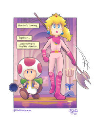 Rule 34 | 1boy, 1girl, angry, axe, belt, blonde hair, blue eyes, bodysuit, breasts, candle, comic, earrings, frying pan, full body, gloves, highres, jewelry, lipstick, makeup, mario (series), medium breasts, nintendo, ponytail, princess peach, scarf, serious, the super mario bros. movie, thebourgyman, toad (mario), walking