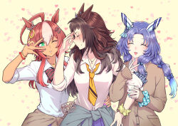 Rule 34 | 3girls, ahoge, alternate costume, alternate hairstyle, animal ears, arm hug, arm up, blue hair, blush, bow, bowtie, bracelet, breasts, brown hair, byerley turk (umamusume), cardigan, closed eyes, closed mouth, clothes around waist, collared shirt, dark-skinned female, dark skin, darley arabian (umamusume), ear covers, embarrassed, facing to the side, godolphin barb (umamusume), green eyes, gyaru, hair bobbles, hair bow, hair ornament, hand on another&#039;s waist, hand on own forehead, hand on own hip, heart, hi (ibisf5umauma), highres, horse ears, horse girl, jewelry, kogal, long hair, looking at viewer, multicolored hair, multiple girls, necklace, necktie, one eye closed, open mouth, parted bangs, purple skirt, scar, scar across eye, scrunchie, shirt, skirt, sleeves past fingers, sleeves past wrists, sleeves rolled up, small breasts, smile, twitter username, umamusume, upper body, v, v over eye, white shirt, wig, wrist scrunchie, yellow necktie