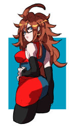 Rule 34 | 1girl, absurdres, ahoge, android 21, ass, bare shoulders, big hair, black-framed eyewear, black pantyhose, blue eyes, breasts, brown hair, checkered clothes, checkered dress, cropped legs, curly hair, dragon ball, dragon ball fighterz, dress, earrings, female focus, from behind, glasses, hand on own hip, highres, hip focus, huge ahoge, jewelry, lips, long hair, looking back, makai, medium breasts, messy hair, multicolored clothes, multicolored dress, pantyhose, puckered lips, short dress, solo