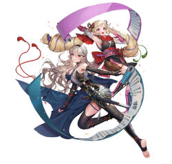 Rule 34 | 2girls, absurdres, alternate costume, arm guards, armor, armpits, bare shoulders, black gloves, black legwear, blonde hair, blush, bow, bowtie, breasts, cape, closed mouth, commentary request, corrin (female) (fire emblem), corrin (fire emblem), earrings, elbow gloves, elise (fire emblem), fingerless gloves, fire emblem, fire emblem fates, fire emblem heroes, floating, floating object, full body, gloves, hair ornament, hairband, highres, japanese clothes, jewelry, long hair, looking away, medium breasts, multiple girls, ninja, nintendo, obi, official alternate costume, official art, open mouth, pelvic curtain, pointy ears, purple eyes, red eyes, sandals, sash, scroll, sencha (senchat), shin guards, shiny clothes, shiny skin, shuriken earrings, silver hair, simple background, sleeveless, smile, sword, thighhighs, twintails, weapon, white background