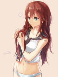 Rule 34 | 10s, 1girl, adjusting hair, bad id, bad pixiv id, braiding hair, green eyes, hairdressing, kantai collection, long hair, mouth hold, noshiro (kancolle), nunucco, panties, simple background, solo, striped clothes, striped panties, tying hair, underwear
