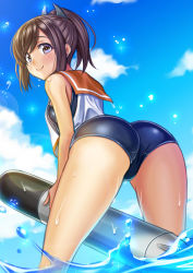 Rule 34 | 10s, 1girl, arched back, ass, bad id, bad pixiv id, bare shoulders, blue sky, blush, brown eyes, brown hair, cloud, day, hair ornament, hairclip, highres, i-401 (kancolle), kantai collection, leaning forward, long hair, looking at viewer, looking back, noboru (ohayochan), one-piece swimsuit, ponytail, sailor collar, school swimsuit, school uniform, short ponytail, sky, smile, solo, swimsuit, swimsuit under clothes, torpedo, wet