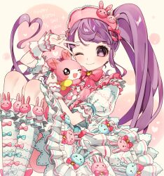 Rule 34 | 1girl, ;), animal print, ao (ao0 0nemu), blunt bangs, closed mouth, commentary request, dress, frilled dress, frills, hands up, highres, lolita fashion, long hair, looking at viewer, manaka non, one eye closed, open mouth, pretty series, pripara, puffy short sleeves, puffy sleeves, purple eyes, purple hair, rabbit print, short sleeves, side ponytail, sitting, smile, stuffed animal, stuffed rabbit, stuffed toy, sweet lolita, usacha, v over eye, very long hair, white dress