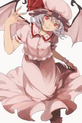 Rule 34 | 1girl, arm up, closed mouth, collar, dress, grey hair, hair between eyes, hand up, hat, hat ribbon, highres, holding, kerok (joniko1110), looking at viewer, mob cap, pink dress, pink hat, pink sleeves, puffy short sleeves, puffy sleeves, red eyes, red ribbon, remilia scarlet, ribbon, short hair, short sleeves, smile, solo, teeth, touhou, wings, wrist cuffs