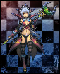 Rule 34 | 1girl, abs, blue hair, breasts, checkered background, cleavage, female focus, fingerless gloves, full body, gloves, hair ornament, headwear request, lvans, midriff, navel, original, red eyes, solo, staff, striped clothes, striped thighhighs, thighhighs