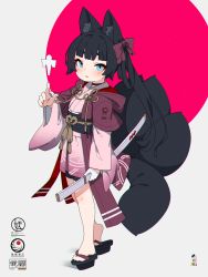 Rule 34 | 1girl, absurdres, animal ear fluff, animal ears, black footwear, black hair, black shorts, blue eyes, blunt bangs, blush, bow, brown bow, commentary request, fox ears, fox girl, fox tail, full body, grey background, hair bow, hand up, highres, holding, holding sheath, japanese clothes, katana, kimono, kitsune, kuro kosyou, long hair, long sleeves, looking at viewer, obi, open clothes, original, parted lips, pink kimono, purple background, sandals, sash, sheath, sheathed, shikigami, short eyebrows, short shorts, shorts, solo, standing, sword, tail, thick eyebrows, two-tone background, very long hair, weapon, wide sleeves, zouri