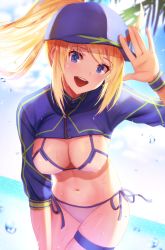Rule 34 | 1girl, absurdres, ahoge, artoria pendragon (fate), baseball cap, bikini, blonde hair, blue eyes, blue hat, blue sky, blush, breasts, cleavage, day, dolce (dolsuke), fate/grand order, fate (series), hair between eyes, hair through headwear, hat, highres, hip focus, large breasts, long hair, looking at viewer, mysterious heroine x (fate), mysterious heroine xx (fate), navel, open mouth, ponytail, shrug (clothing), sky, smile, solo, swimsuit, thigh strap, thighs, white bikini, wristband