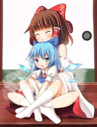 Rule 34 | &gt;:o, 2girls, :o, ^ ^, bare shoulders, blue bow, blue dress, blue eyes, blush, bow, brown hair, cirno, commentary, detached sleeves, dress, closed eyes, full body, grin, hair bow, hair tubes, hakurei reimu, hug, hug from behind, ice, ice wings, indian style, japanese clothes, long hair, long sleeves, looking at viewer, miko, multiple girls, neck ribbon, oimo (imoyoukan), open mouth, puffy short sleeves, puffy sleeves, red bow, red ribbon, ribbon, ribbon-trimmed sleeves, ribbon trim, short sleeves, sitting, sliding doors, smile, socks, steam, sweat, touhou, v-shaped eyebrows, white legwear, wide sleeves, wings, wooden floor