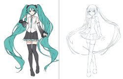 Rule 34 | 2girls, absurdly long hair, aqua eyes, aqua hair, aqua ribbon, black footwear, black skirt, boots, closed mouth, collared shirt, crossed legs, detached sleeves, dual persona, flat color, floating hair, hand up, hatsune miku, hatsune miku (nt), hatsune miku (vocaloid4), ixima, knees together feet apart, light blush, lineart, long hair, looking at viewer, multiple girls, neck ribbon, official art, pleated skirt, ribbon, see-through, see-through sleeves, shirt, simple background, skirt, smile, thigh boots, twintails, unfinished, v4x, very long hair, vocaloid, white background, white shirt