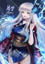 Rule 34 | 10s, 1girl, artist name, blade &amp; soul, blue eyes, breasts, character request, feather hair ornament, feathers, hair ornament, highres, index finger raised, japanese clothes, kimono, large breasts, long hair, magic, parted lips, ravaniz, short kimono, silver hair, smile, smoke, snowflakes, solo, very long hair, wide sleeves