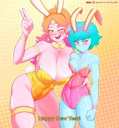 Rule 34 | 2girls, aeos, animal ears, artist name, ass, bare shoulders, blue eyes, blue hair, blue skin, blush, breasts, chronoa, cleavage, collarbone, colored skin, covered navel, cowboy shot, dragon ball, dragon ball heroes, dragon ball xenoverse, earrings, gradient hair, happy new year, highres, huge breasts, jewelry, leotard, long hair, looking at viewer, mlix, multicolored hair, multiple girls, new year, no humans, one eye closed, open mouth, orange eyes, orange hair, orange leotard, pink hair, pink leotard, pink skin, playboy bunny, pointy ears, potara earrings, pout, rabbit ears, rabbit tail, shiny skin, small breasts, smile, tail, thigh strap, v, watermark, wide hips, wink