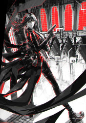 Rule 34 | 1girl, afi (arsenixc), arsenixc, building, chromatic aberration, city, dual wielding, dutch angle, from behind, gun, handgun, high heels, highres, holding, legs apart, long hair, looking at viewer, looking back, monochrome, pistol, solo, spot color, weapon, wide stance