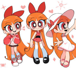Rule 34 | 1girl, black footwear, blossom (ppg), bow, commentary, diamond (shape), dress, english commentary, hair bow, hat, hat bow, heart, highres, hood, hoodie, kim crab, long hair, looking at viewer, mary janes, multiple views, plaid, plaid skirt, pointing, powerpuff girls, red dress, red eyes, red footwear, red hair, shoes, skirt, sleeveless, sleeveless dress, sneakers, socks, sparkle, sun hat, sundress, thighhighs, very long hair