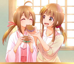 Rule 34 | 2girls, :d, ahoge, brown hair, eating, closed eyes, feeding, food, gomashio star, hair ornament, hair scrunchie, happy, ice cream, ice cream sandwich, indoors, long hair, looking at another, multiple girls, open mouth, original, pink scrunchie, ponytail, scrunchie, smile, twitter username, upper body, wide sleeves, window
