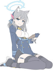 Rule 34 | 1girl, absurdres, ako (blue archive), ako (blue archive) (cosplay), animal ear fluff, animal ears, bad id, bad twitter id, bell, blue archive, blue eyes, blue gloves, blush, breasts, clipboard, cosplay, cuffs, earrings, full body, garter straps, gloves, grey hair, halo, hand on floor, highres, holding, holding clipboard, jewelry, light blush, looking at viewer, masabodo, medium breasts, neck bell, shackles, shiroko (blue archive), sideboob, sitting, smile, solo, stud earrings, thighhighs, thighs, wariza, white background, wolf ears