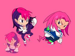 Rule 34 | 2boys, absurdres, black eyes, black hair, black jacket, black pants, clenched hands, clenched teeth, closed mouth, commentary request, crossed legs, full body, highres, humanization, indian style, jacket, knuckles the echidna, long hair, male focus, mighty the armadillo, multiple boys, open clothes, open jacket, pants, pink background, red footwear, red hair, shoes, simple background, sitting, sonic (series), squatting, teeth, tokiwa757