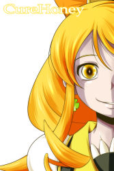 Rule 34 | 10s, 1girl, blonde hair, character name, cure honey, earrings, happinesscharge precure!, highres, jewelry, long hair, magical girl, nishi koutarou, oomori yuuko, out of frame, precure, sidelocks, smile, solo, white background, yellow eyes