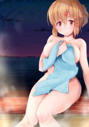 Rule 34 | 1girl, absurdres, alternate hairstyle, between breasts, blush, breasts, brown eyes, brown hair, covering privates, fur hat, hair between eyes, hair ornament, hairclip, hat, highres, kantai collection, komb, large breasts, long hair, looking at viewer, night, night sky, nude, nude cover, ocean, onsen, outdoors, papakha, sitting, sky, smile, solo, star (symbol), steam, tashkent (kancolle), thighs, towel, water, water drop