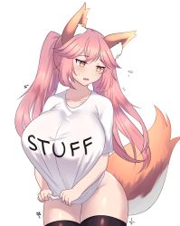 Rule 34 | 1girl, @ @, absurdres, alternate costume, animal ear fluff, animal ears, black thighhighs, bottomless, breasts, clothes pull, clothes writing, covering privates, cowboy shot, embarrassed, fang, fate/extra, fate (series), fox ears, fox girl, fox tail, highres, huge breasts, i&#039;m stuff (meme), jifuwabe, long hair, looking away, meme, meme attire, no panties, pink hair, shirt, shirt pull, short sleeves, skin fang, solo, split ponytail, standing, t-shirt, tail, tamamo (fate), tamamo no mae (fate/extra), thighhighs, white background, white shirt, yellow eyes