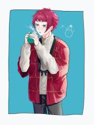 Rule 34 | 1boy, alternate costume, bad id, bad twitter id, black pants, blue background, blue lock, blue tkse, border, commentary request, cowboy shot, cup, green eyes, highres, holding, holding cup, itoshi sae, jacket, long sleeves, male focus, mug, open mouth, pants, red hair, red jacket, short hair, simple background, solo, standing, steam, sweater, turtleneck, turtleneck sweater, white border, white sweater