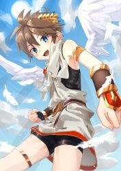 Rule 34 | 1boy, aikagi sheena, blue sky, brown hair, cloud, cloudy sky, commentary, day, highres, kid icarus, looking at viewer, male focus, nintendo, open mouth, outdoors, pit (kid icarus), sky, smile, solo, sunlight, textless version, wings