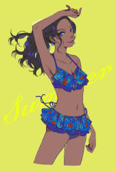 Rule 34 | 1girl, arm at side, arm up, armpits, bare arms, bare shoulders, bikini, black hair, blue bikini, blue eyes, blue nails, breasts, cleavage, collarbone, cowboy shot, dark-skinned female, dark skin, earrings, english text, eyelashes, fingernails, floral print, flower, flower earrings, frilled bikini, frilled bikini top, frills, high ponytail, jewelry, leaf print, light smile, lips, long hair, looking to the side, n iwano, nail polish, navel, original, ponytail, red flower, side-tie bikini bottom, signature, simple background, small breasts, smile, solo, stomach, swimsuit, text focus, thighs, yellow background