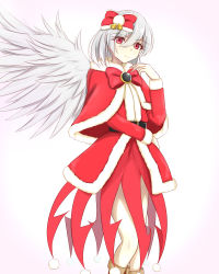 Rule 34 | 1girl, alternate costume, bad id, bad pixiv id, bell, blush, boots, bow, capelet, christmas, coat, feathered wings, fur-trimmed capelet, fur-trimmed coat, fur trim, grey hair, grey wings, hair between eyes, hair bow, head tilt, highres, jingle bell, kishin sagume, light smile, long skirt, musteflott419, red bow, red capelet, red coat, red eyes, red skirt, santa costume, short hair, simple background, single wing, skirt, solo, touhou, white background, wings