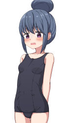 Rule 34 | 1girl, bare arms, bare shoulders, blue hair, blush, breasts, collarbone, commentary request, cowboy shot, hair bun, highres, old school swimsuit, open mouth, purple eyes, school swimsuit, shima rin, sidelocks, simple background, single hair bun, small breasts, solo, standing, swimsuit, takasuma hiro, turn pale, wavy mouth, white background, yurucamp