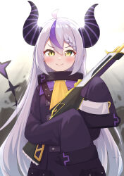 Rule 34 | &gt;:), 1girl, ahoge, ascot, black horns, blush, braid, braided bangs, closed mouth, coat, collar, demon girl, demon horns, double-parted bangs, grey hair, gun, highres, holding, holding weapon, hololive, horns, la+ darknesss, la+ darknesss (1st costume), long hair, metal collar, multicolored hair, pointy ears, purple coat, purple hair, rifle, roboco-san, roboco-san (hoodie), sleeves past fingers, sleeves past wrists, slit pupils, smile, solo, streaked hair, striped horns, tail, trench coat, typho, v-shaped eyebrows, valorant, very long hair, virtual youtuber, weapon, yellow ascot, yellow eyes