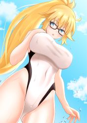 Rule 34 | 1girl, absurdres, bare shoulders, bikini, blonde hair, blue eyes, blue sky, blush, breasts, competition swimsuit, covered navel, fate/grand order, fate (series), glasses, hand on own chest, highleg, highleg swimsuit, highres, igloo 03, jeanne d&#039;arc (fate), jeanne d&#039;arc (ruler) (fate), jeanne d&#039;arc (swimsuit archer) (fate), jeanne d&#039;arc (swimsuit archer) (second ascension) (fate), large breasts, long hair, looking at viewer, one-piece swimsuit, open mouth, ponytail, sky, swimsuit, thighs, wet, white bikini