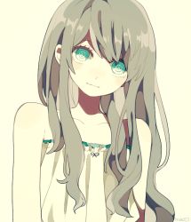 Rule 34 | 1girl, bare shoulders, breasts, casual, collarbone, flat chest, green eyes, long hair, looking at viewer, maco22, original, silver hair, simple background, smile, solo, white background
