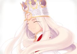 Rule 34 | 1girl, absurdres, blush, commentary request, crown, fate/stay night, fate (series), from side, highres, huge filesize, illyasviel von einzbern, long hair, looking at viewer, portrait, simple background, smile, solo, spoilers, very long hair, white background, white hair, yuugame