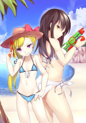 2girls back-to-back beach bikini black_hair blonde_hair brown_eyes grin hair_ornament hairclip hat highres long_hair mole multiple_girls navel original ponytail purple_eyes sarong smile snowflyer swimsuit water_gun