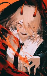 Rule 34 | 1girl, bad id, bad twitter id, black jacket, black necktie, blonde hair, blood, blood on face, blood splatter, chainsaw man, collared shirt, cross-shaped pupils, hair between eyes, halftone, highres, horns, jacket, john kafka, long hair, looking at viewer, necktie, open mouth, power (chainsaw man), red eyes, red horns, revision, sharp teeth, shirt, smile, solo, symbol-shaped pupils, teeth, white shirt