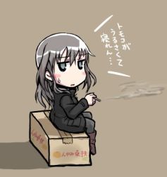 Rule 34 | 1girl, animal ears, box, cardboard box, cigarette, elizabeth f. beurling, grey eyes, grey hair, long hair, lowres, pantyhose, sitting, smoking, solo, strike witches, translation request, world witches series