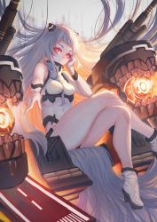 Rule 34 | 10s, 1girl, abyssal ship, airfield princess, ankle boots, boots, gloves, hair ornament, kantai collection, crossed legs, long hair, looking at viewer, orange eyes, silver hair, sitting, smile, solo, usanekorin, white footwear, white gloves