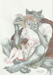 Rule 34 | 1boy, 1girl, absurdres, bare arms, bare legs, barefoot, beastars, black nails, book, covered mouth, feet up, fingernails, full body, furry, furry female, furry male, green hoodie, green shorts, haru (beastars), highres, holding, holding book, hood, hoodie, indian style, knees up, leaning back, legoshi, long sleeves, manga (object), miizzeee, nail polish, one eye covered, open book, pillow, rabbit girl, reading, red shorts, sharp fingernails, sharp toenails, shirt, short sleeves, shorts, simple background, sitting, size difference, t-shirt, toenails, traditional media, white shirt, wolf boy