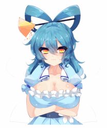Rule 34 | 1girl, :3, ^ ^, animated, animated gif, bad id, bad pixiv id, blue dress, blue hair, blush, bouncing breasts, breast hold, breasts, cleavage, closed eyes, collarbone, crossed arms, downblouse, dress, emofuri, facing away, flower, frills, hair ornament, hair rings, hair stick, hanging breasts, kaenuco, kaku seiga, large breasts, looking at viewer, looking away, md5 mismatch, open mouth, puffy short sleeves, puffy sleeves, sash, shawl, short hair, short sleeves, smile, solo, touhou, ugoira, vest, yellow eyes