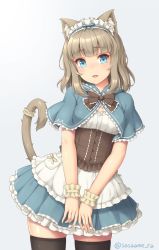 Rule 34 | 1girl, animal ear fluff, animal ears, black bow, black bowtie, black thighhighs, blue background, blue eyes, blunt bangs, blush, bow, bowtie, capelet, cat ears, cat girl, cat tail, corset, cowboy shot, frilled corset, frills, grey background, leaning to the side, light brown hair, looking at viewer, maid headdress, medium hair, open mouth, original, petticoat, pocket, sasaame, simple background, skindentation, solo, tail, tail garter, thighhighs, v arms, wrist cuffs