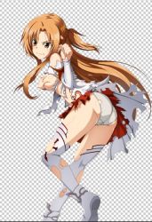 Rule 34 | 10s, 1girl, ass, asuna (sao), bare shoulders, blush, boots, breasts, brown eyes, brown hair, covering privates, covering breasts, detached sleeves, frown, half updo, hei ling, large breasts, leaning, leaning forward, long hair, looking at viewer, matching hair/eyes, open mouth, panties, shiny skin, sideboob, skirt, solo, sword art online, thigh boots, thighhighs, torn clothes, torn thighhighs, underwear