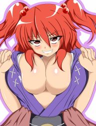 Rule 34 | 1girl, blush, breast lift, breasts, female focus, hair bobbles, hair ornament, huge breasts, naughty face, onozuka komachi, open clothes, open shirt, red hair, shirt, smile, solo, touhou, twintails, two side up, zefyu