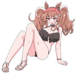Rule 34 | 1girl, :d, angelina (arknights), arknights, bikini, black bikini, black collar, blush, breasts, brown hair, cleavage, collar, earpiece, hairband, infection monitor (arknights), large breasts, long hair, nikukabe, open mouth, red eyes, red hairband, simple background, sitting, smile, solo, striped clothes, striped hairband, sweatdrop, swimsuit, twintails, white background