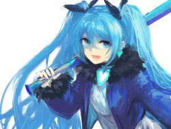 Rule 34 | 1girl, :d, annie bass, baseball bat, black bow, blue eyes, blue hair, blue jacket, bow, brooch, commentary request, dress, flat chest, grey dress, hair between eyes, hair bow, heart, heart brooch, highres, holding, holding baseball bat, jacket, jewelry, long bangs, long hair, looking at viewer, mogukk, open clothes, open jacket, open mouth, simple background, smile, solo, twintails, upper body, very long hair, white background, witch&#039;s weapon