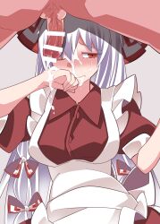 Rule 34 | 1boy, 1girl, absurdres, after fellatio, alternate costume, apron, bar censor, blush, censored, cum, cum in mouth, cumdrip, facial, from below, fujiwara no mokou, hammer (sunset beach), highres, long hair, penis, red eyes, ribbon, source request, tagme, touhou, upper body, white background, white hair