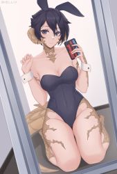 Rule 34 | 1girl, animal ears, au ra, warrior of light (ff14), bare legs, black eyes, black hair, black leotard, breasts, cellphone, cleavage, closed mouth, commentary, commission, english commentary, fake animal ears, fictional persona, final fantasy, final fantasy xiv, fingernails, hair between eyes, hairband, hands up, head tilt, highres, holding, holding phone, horns, leotard, looking at viewer, lykos (quashlykos), medium breasts, mirror, phone, playboy bunny, rabbit ears, reflection, scales, seiza, selfie, shellvi, sitting, smartphone, smile, solo, strapless, strapless leotard, wrist cuffs