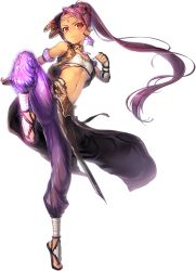 Rule 34 | 1girl, arabian clothes, bare shoulders, closed mouth, collar, earrings, feet, fighting stance, flat chest, floating hair, full body, jewelry, leg up, legs, long hair, looking at viewer, navel, pink hair, ponytail, red eyes, sandals, sarashi, serious, solo, standing, thighs, toes, transparent background, unitia