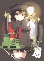 Rule 34 | 1girl, a6m zero, akitsu maru (kancolle), backpack, bag, black eyes, black hat, black skirt, breasts, commentary request, cowboy shot, grey thighhighs, hat, holding, holding lantern, holding paper, kantai collection, lantern, looking at viewer, medium breasts, medium hair, military, military hat, military uniform, ooide chousuke, pale skin, paper, peaked cap, pleated skirt, randoseru, simple background, skirt, solo, thighhighs, uniform