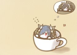 Rule 34 | 2girls, :3, august von parseval (azur lane), august von parseval (azur lane) (cosplay), azur lane, black hair, blue eyes, blue hair, box, chibi, cosplay, cup, curled horns, hair over one eye, horns, in box, in container, in cup, koti, long hair, mechanical horns, multiple girls, red eyes, simple background, smile, teacup, thought bubble, trento (azur lane)