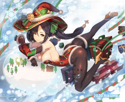 Rule 34 | 1girl, alternate costume, ass, bare shoulders, black hair, black pantyhose, breasts, christmas, detached sleeves, elbow gloves, genshin impact, gloves, green eyes, hair ornament, hair ribbon, hat, high heels, leotard, long hair, looking at viewer, mona (genshin impact), pantyhose, ribbon, rikume, shiny clothes, shiny skin, simple background, smile, solo, thigh strap, thighlet, twintails, very long hair